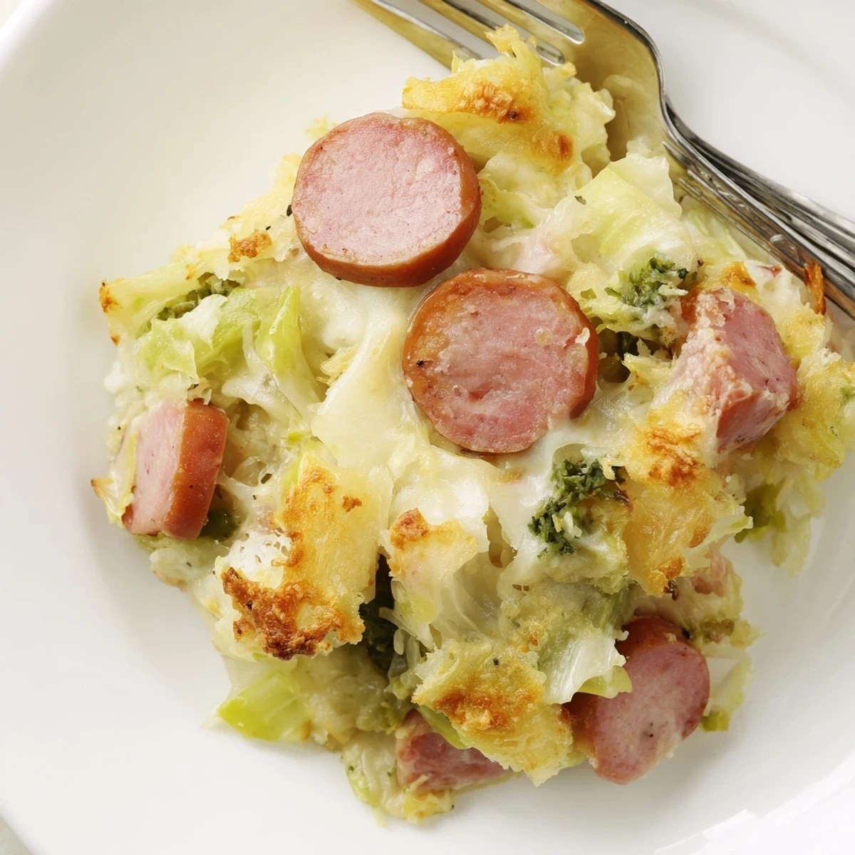 Bäckerobst c: 'Baked Cabbage and Sausage Casserole mit käseüberbackener Kruste und goldbrauner Oberfläche.'