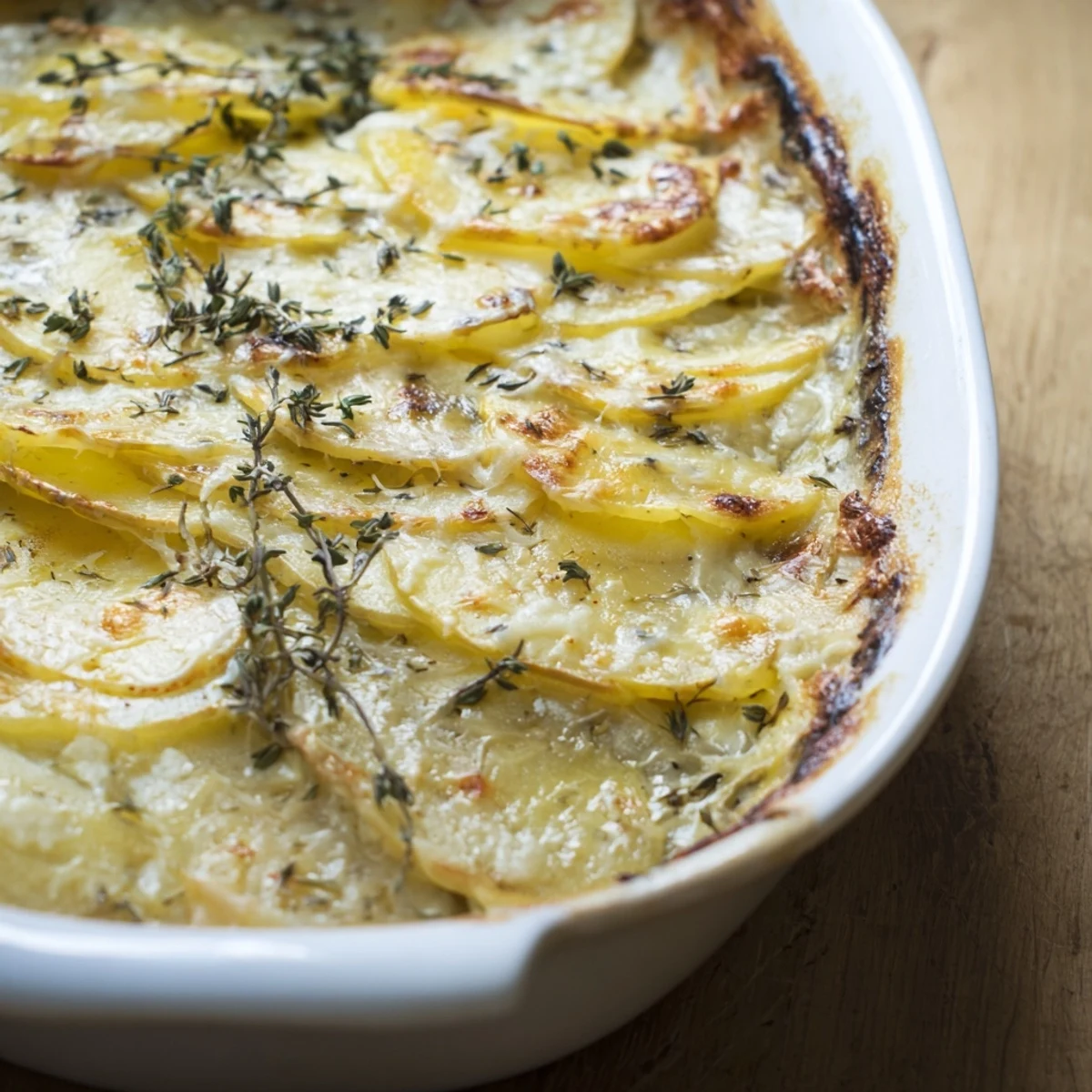 Kremoßer Kartoffel- und Käsegratin mit goldbrauner Kruste und schmelzenden Käseschichten.