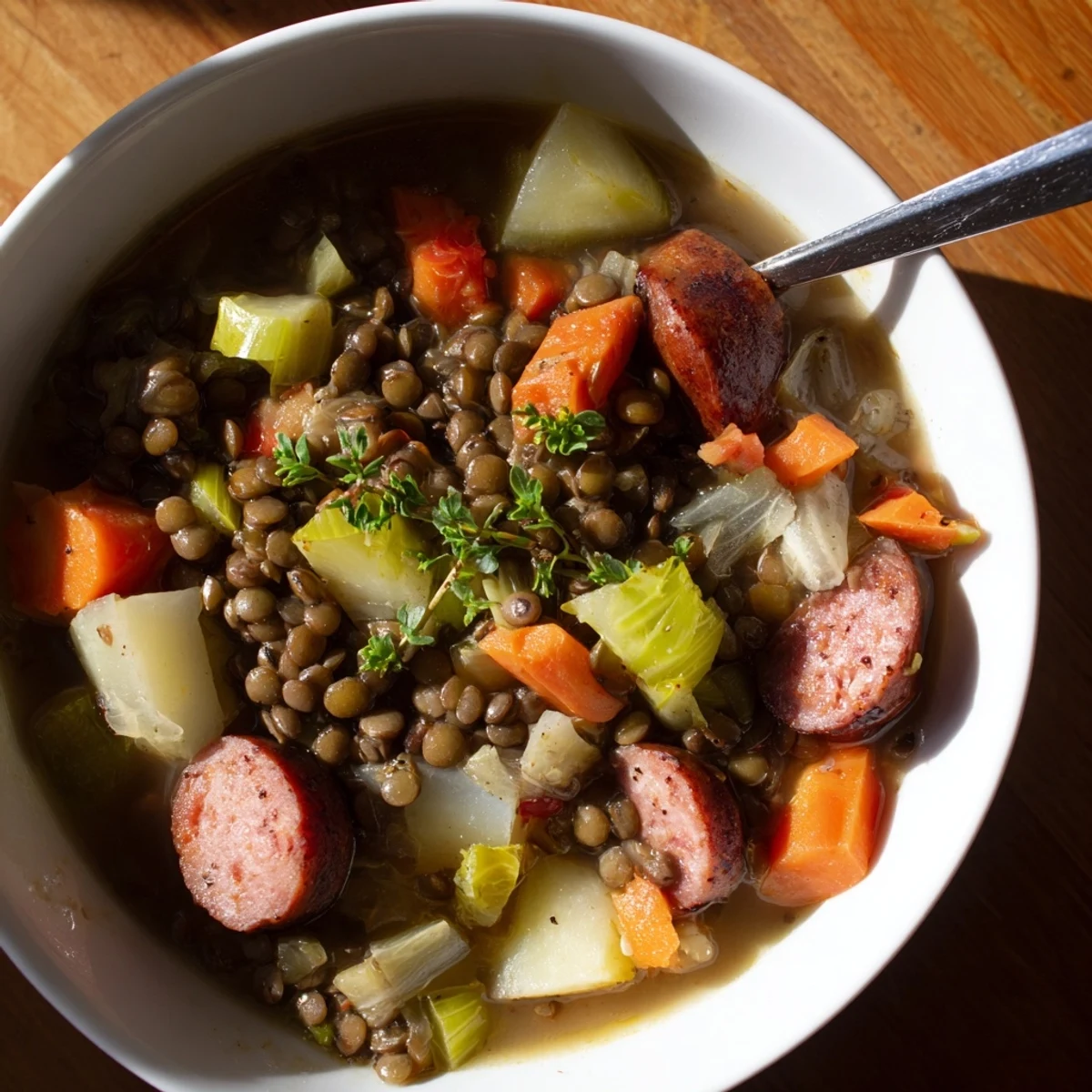 Gemütlicher deutscher Linseneintopf, dampfend heiß, perfekt für kalte Wintertage. 