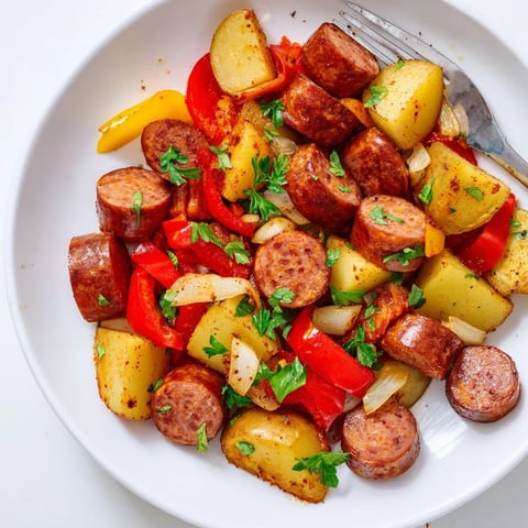 Würziger Sausage and Potato Skillet mit goldenen Kartoffeln und buntem Gemüse