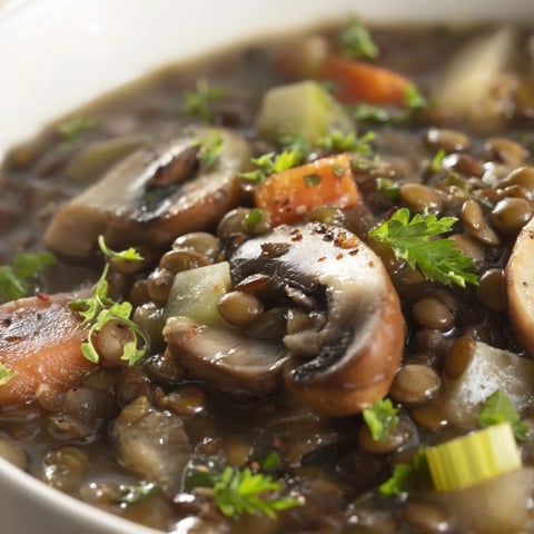 Herzhaftes Lentil- und Pilz-Eintopf-Rezept mit aromatischen Gemüse und Gewürzen.