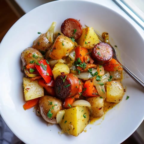 Ein herzhaftes One-Pot-Rezept mit würziger Wurst und zarten Kartoffeln.  